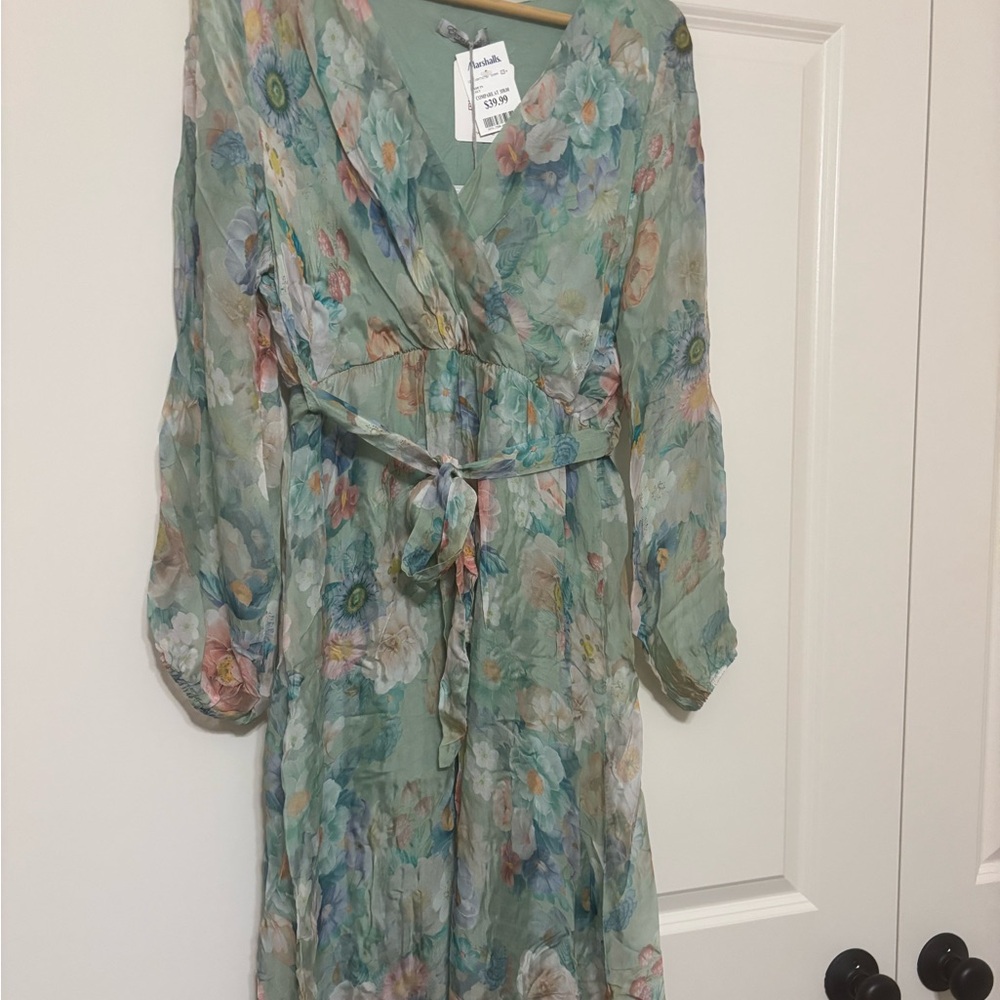 Floral Sage Green High-Low Wrap Dress